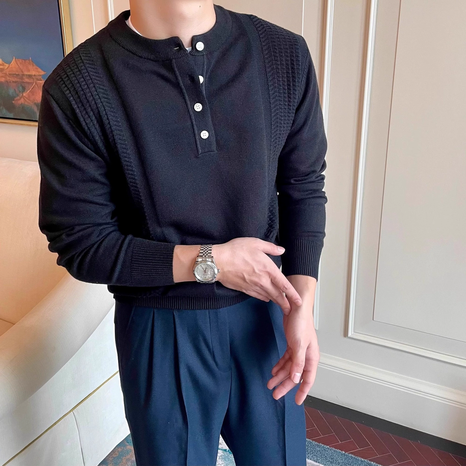 Классический свитер с воротником Генри на пуговицах для мужчин осень-зима новый сплошной цвет повседневный длинный рукав жаккардовый трикотажный нижний свитер