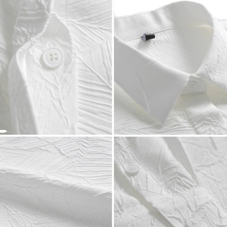 Abbigliamento uomo Camicia jacquard da uomo di ispirazione francese | Vestibilità comoda e oversize | Blusa minimalista di lusso aperta sul davanti per look casual ed eleganti_voghion.com