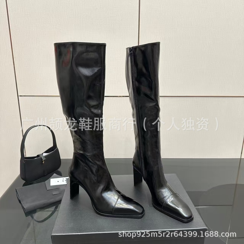 高端2025秋冬真皮方头复古粗高跟侧拉链高筒显瘦骑士靴不过膝长靴|undefined