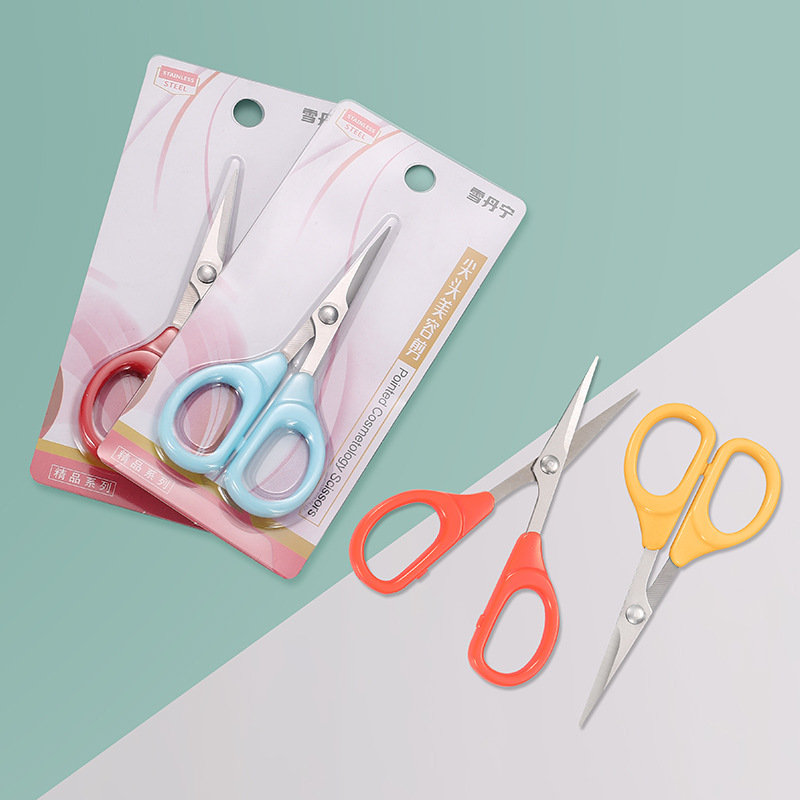 Fábrica en stock al por mayor de acero inoxidable cabeza recta tijeras de belleza ceja que forma maquillaje tijeras de belleza estudiante hecho a mano tijeras pequeñas