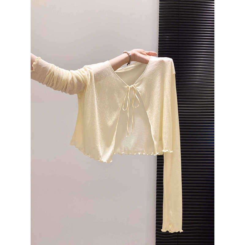 Gentle Girl Style Short Knitted Cardigan with Ruffled Edges, Summer Sun Protection Top, Tie-Up V-Neck Thin Cover-Up Jacket