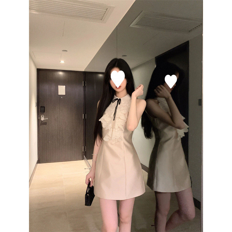 法式纯欲千金风蕾丝拼接挂脖连衣裙夏季新款气质收腰短a字裙子女|undefined