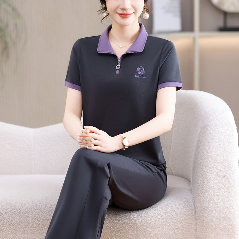 Middle-Aged and Elderly Women's Stand-Collar Short-Sleeve Sports Suit Set, Zippered Color-Block Two-Piece Loose Slimming Casual Outfit