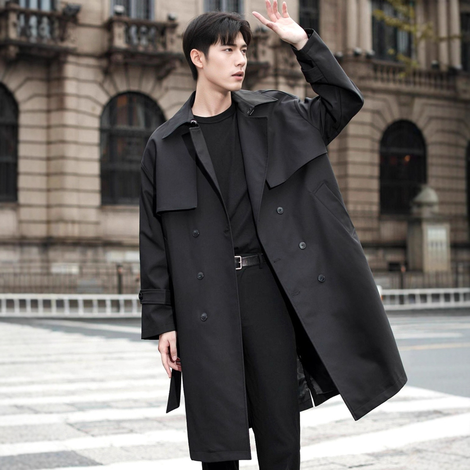 2025 New Men's Mid-Length Trench Coat, Over-the-Knee, Autumn and Winter Men's Outerwear, Double-Breasted, Cthulhu Style Office Coat, Trendy