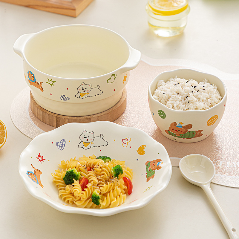 Cartoon Bowl Cream-Style Underglaze Ceramic Tableware Set Beautiful Rice Bowl Yogurt Bowl Ceramic Bowl and Plate Set Cartoon Bowl Cream-Style Underglaze Ceramic Tableware Set Beautiful Rice Bowl Yogurt Bowl Ceramic Bowl and Plate Set