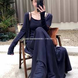 早秋穿搭一整套大码胖藏青色开衫吊带背心半身裙松弛感三件套装