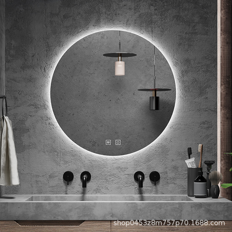 Espejo redondo colgado en la pared, espejo de baño inteligente, espejo colgado en la pared con pantalla táctil LED con lámpara