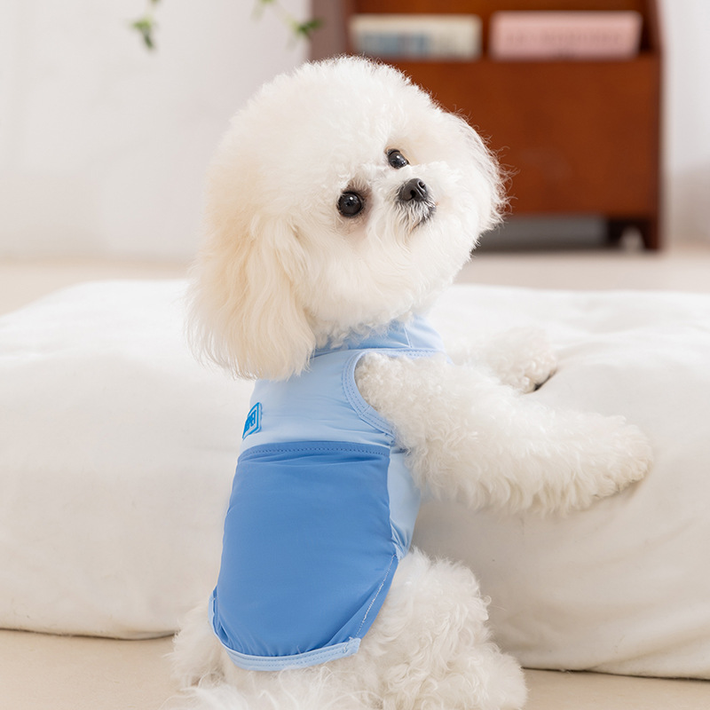 Chaleco de costura de color de contraste simple transpirable delgado para perros de primavera y verano, ropa de perro de peluche para perros pequeños y medianos, ropa para mascotas