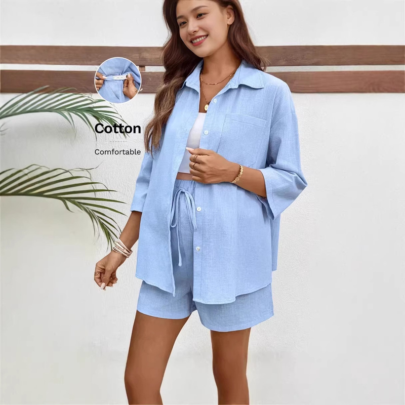 Maternity Set Cross-Border European and American Fashion Shorts Solid Color Shirt Set Women's Casual Loose Mid-Sleeve Maternity Two-Piece Set