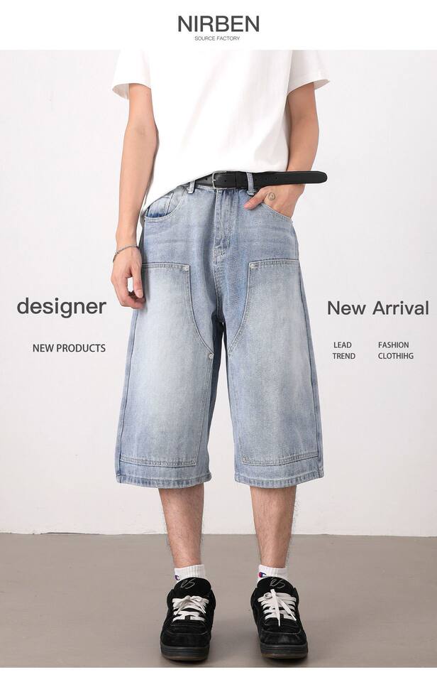 Quần jean nam ống suông rộng lửng giặt mài phong cách retro — Denim đen, Xanh nhạt, Xanh đậm chi tiết 3