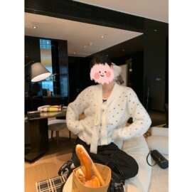 正恩波点仿水貂毛衣开衫女秋冬韩系蝴蝶结绑带气质宽松绝美外套
