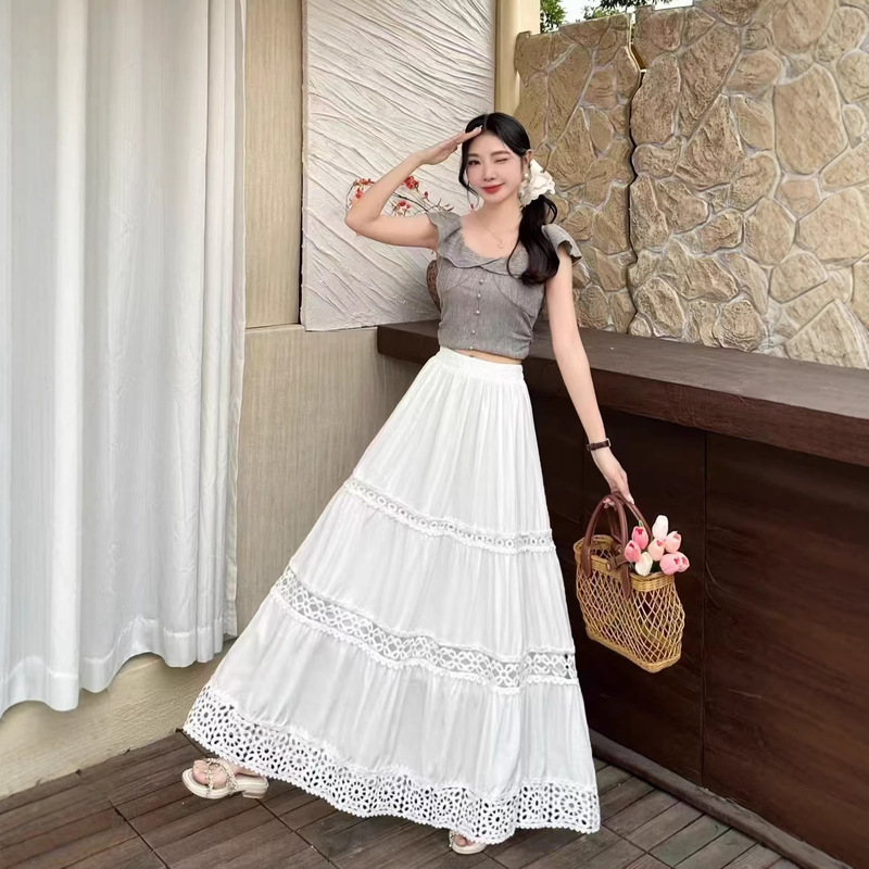 High-Waisted Lace-Up Hollow-Out Skirt with Intricate Design for Women, New Sweet Lace Mid-Length Skirt for Spring and Summer