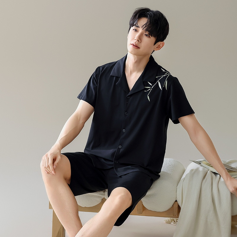 2025 verano pantalones cortos de manga corta pijama hombre bordado delgado algodón ropa casera casal de color sólido dos piezas de ropa exterior