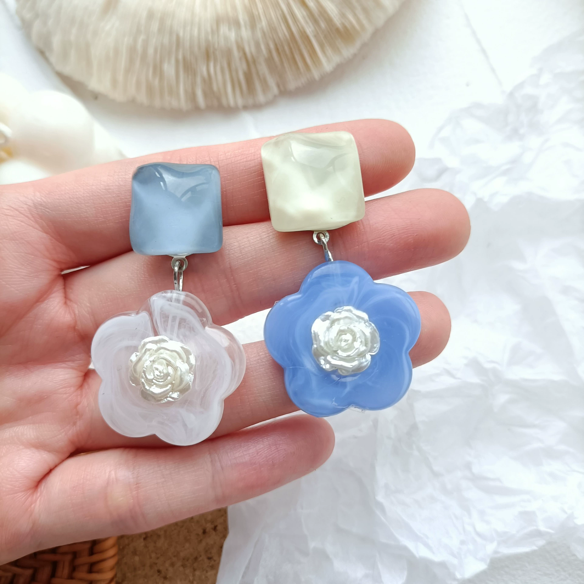 Ink, fresh earrings, ear clips, S925, silver 925 sample, flowered