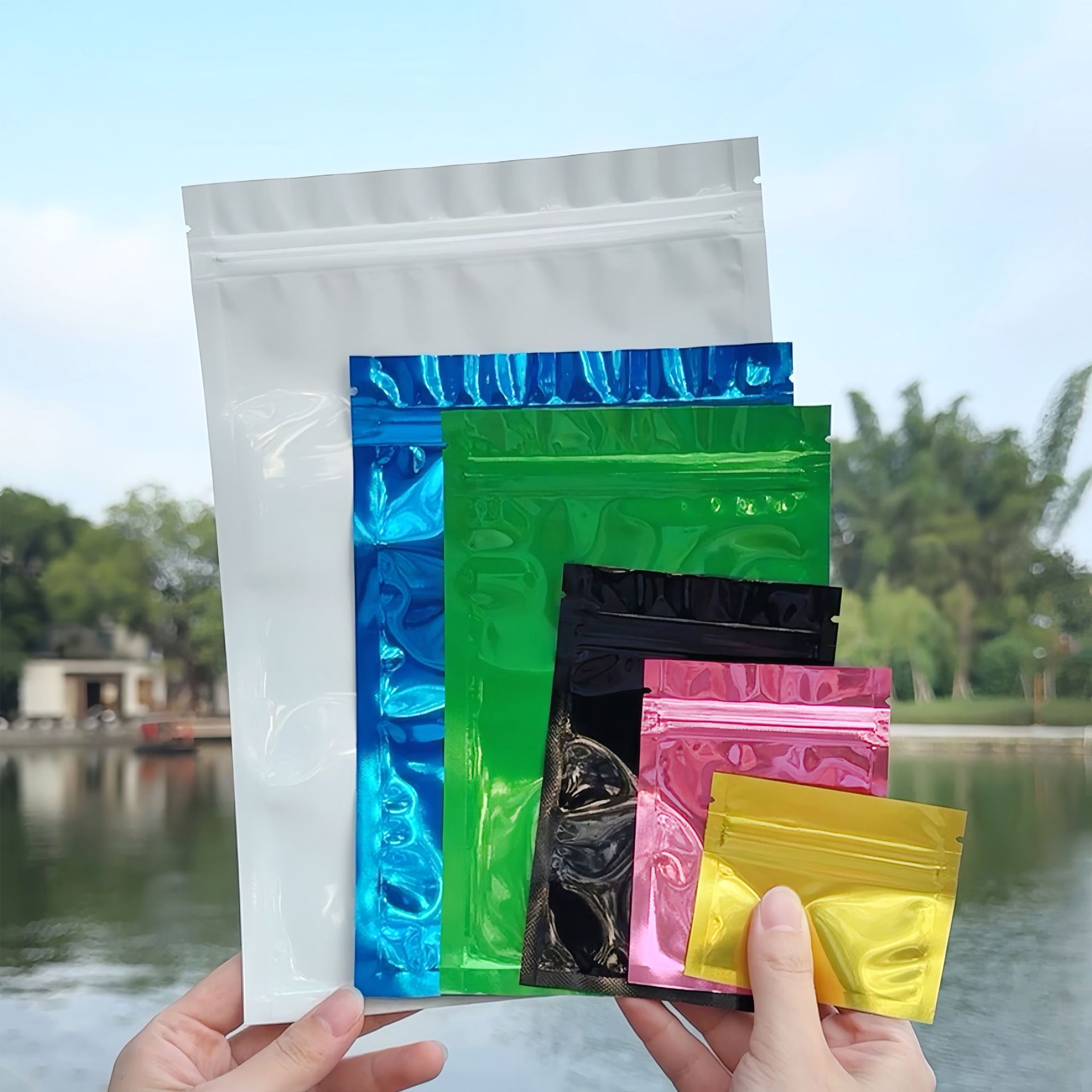 Bolsa ziplock de papel de aluminio de color brillante de doble cara bolsa de muestra aluminizada bolsa de embalaje de alimentos cosméticos en polvo