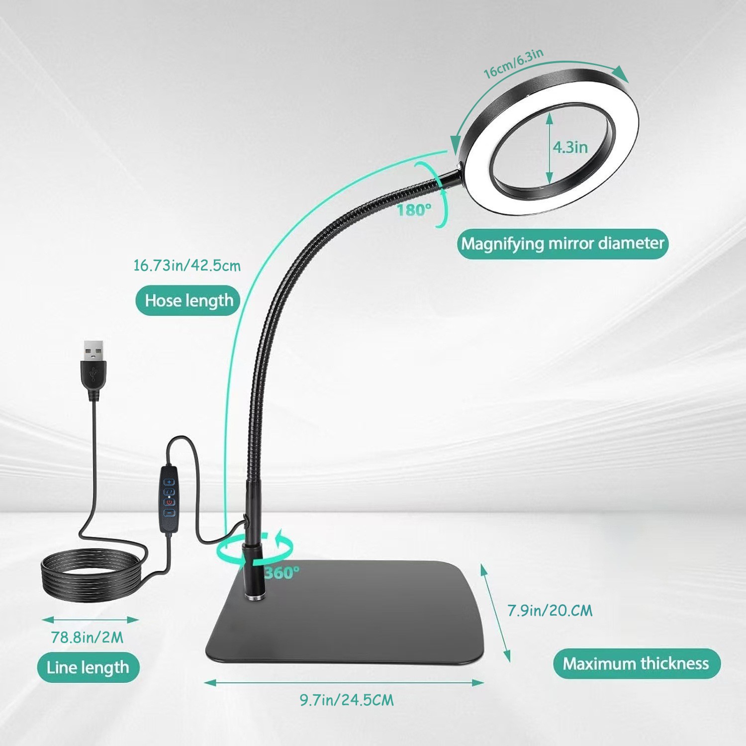 Eye-protecting desktop metal flexible magnifying glass with LED light for electronic repair, nail art, beauty, eyebrow tattooing, and reading.