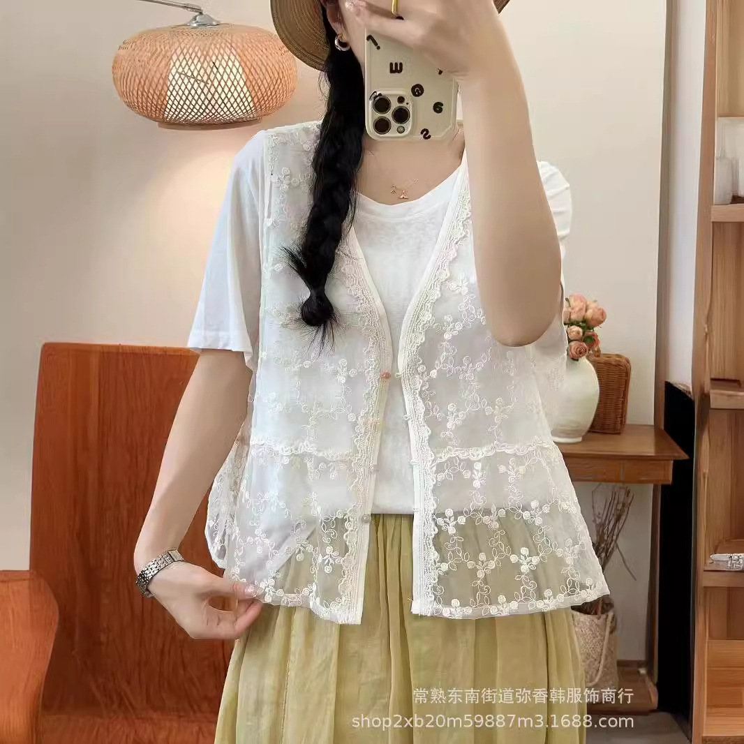 2585 Summer Korean Style Lace Mesh Vest Women's Outerwear Loose Vest Summer New Sleeveless V-Neck