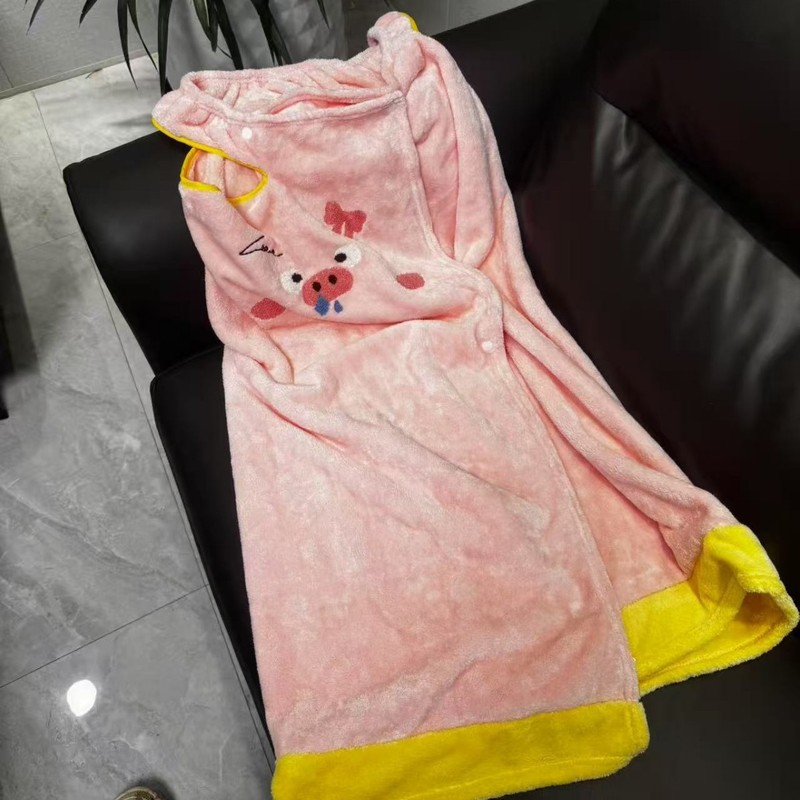 发财猪可穿浴裙干发帽吸水加厚珊瑚绒浴巾毛巾浴衣成人卡通猪公主|undefined