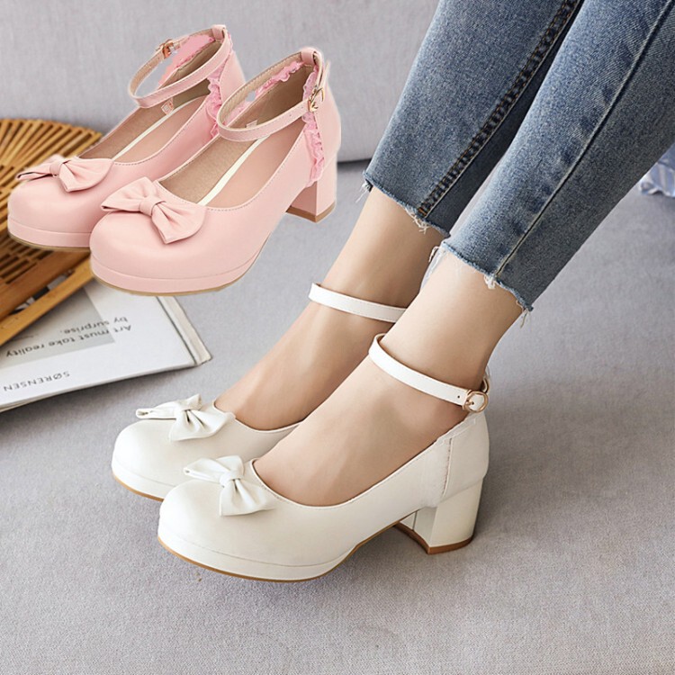 Sweet Bow Lace Candy Women's Shoes Trip Belt Thick Mid-Heel Shoes Size Size Size Kid Shoes Foreign Trade Shoes