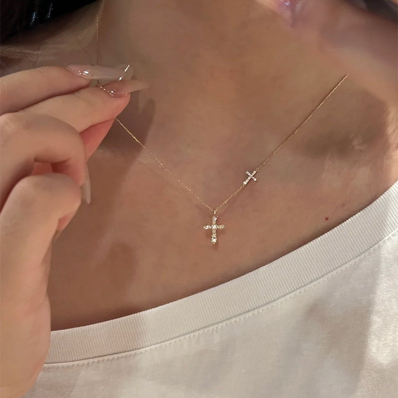 S925 Sterling Silver Full Diamond Double Cross Necklace for Women, Exquisite Light Luxury Zircon Inlaid High-End Versatile Clavicle Chain Wholesale