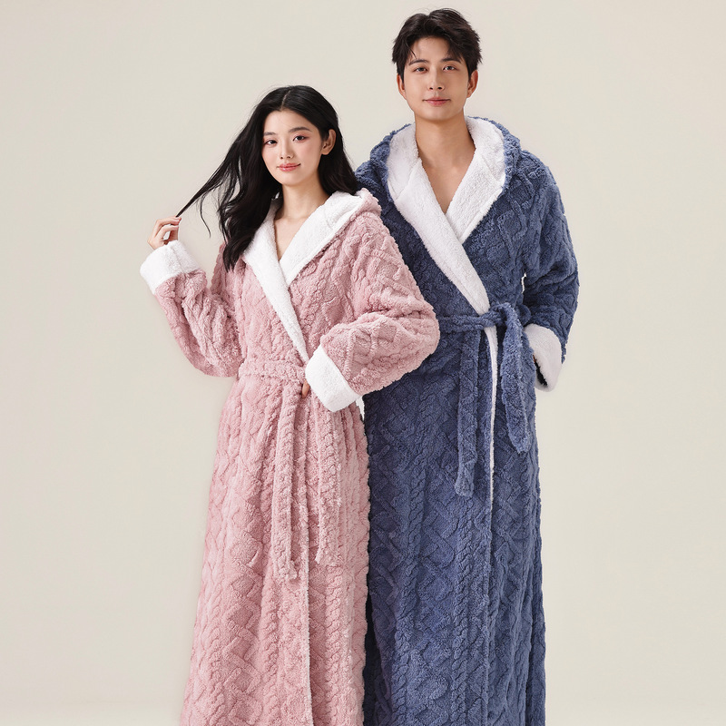 Women's Winter Couple's Thickened and Extended Flannel Sleepwear Bathrobe, Men's Coral Fleece Hooded Loungewear