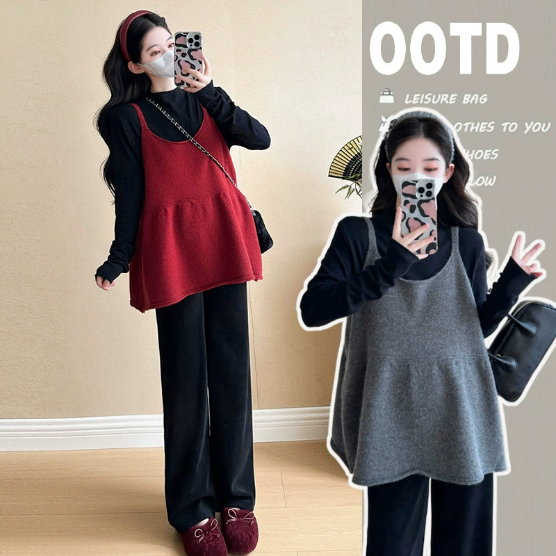 Набор для беременных 2024 осень-зима новая мода иностранная тощая нижняя рубашка свободная подтяжка широкие брюки