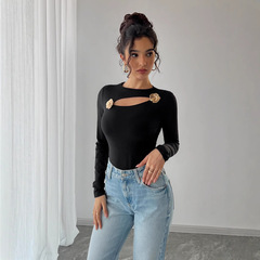 European and American cross-border 2025 spring new women's hollow rose metal decorative black tight long-sleeved T-shirt top