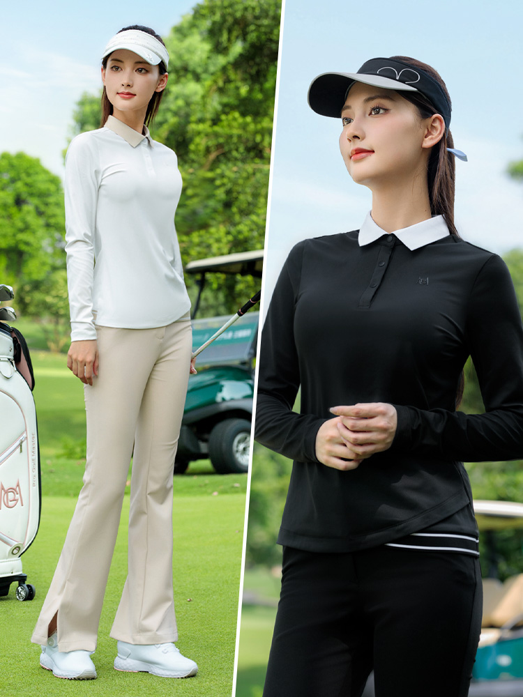 Áo polo nữ golf PGM dài tay cổ bẻ viền tương phản co giãn mềm mại — Áo đen [nút cài ve áo/viền có gân tương phản/co giãn và mềm mại] YF838