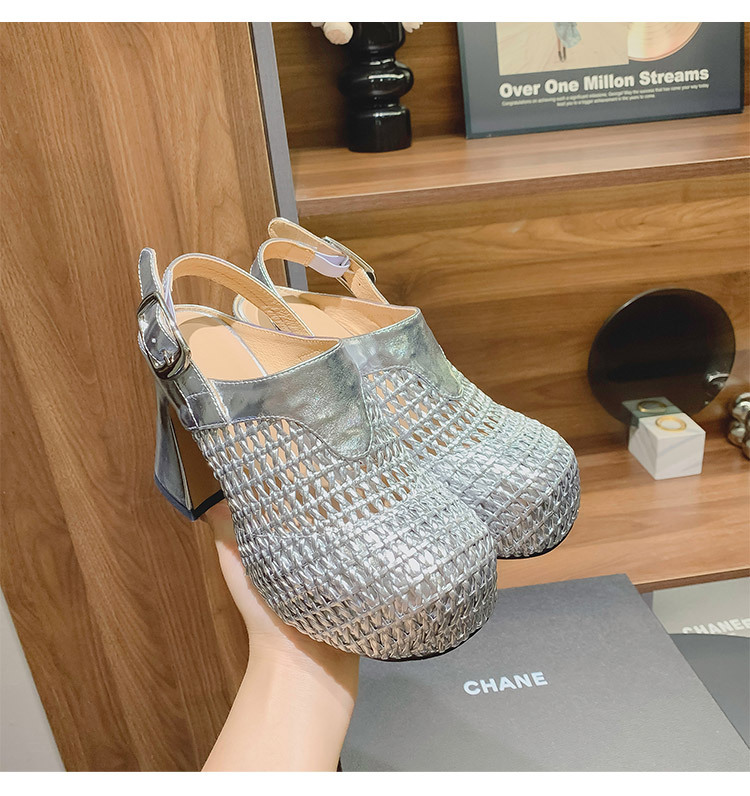 Sandal cao gót nữ đế xuồng platform dệt kim vàng, gót 10 cm, phong cách La Mã — Màu đen, Màu vàng, Màu bạc chi tiết 10