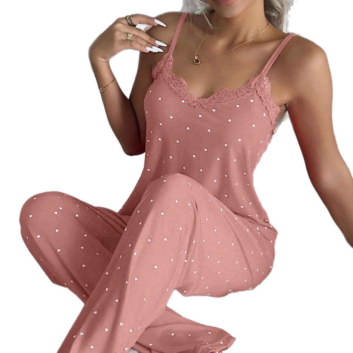 Completo pigiama da donna con canotta e inserti in pizzo a pois_voghion.com