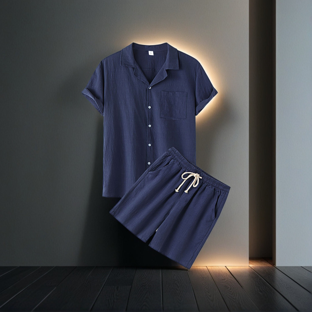 2023 verano transfronterizo algodón y lino de los hombres de color sólido solapa de moda camisa de manga corta pantalones cortos traje de dos piezas preventa