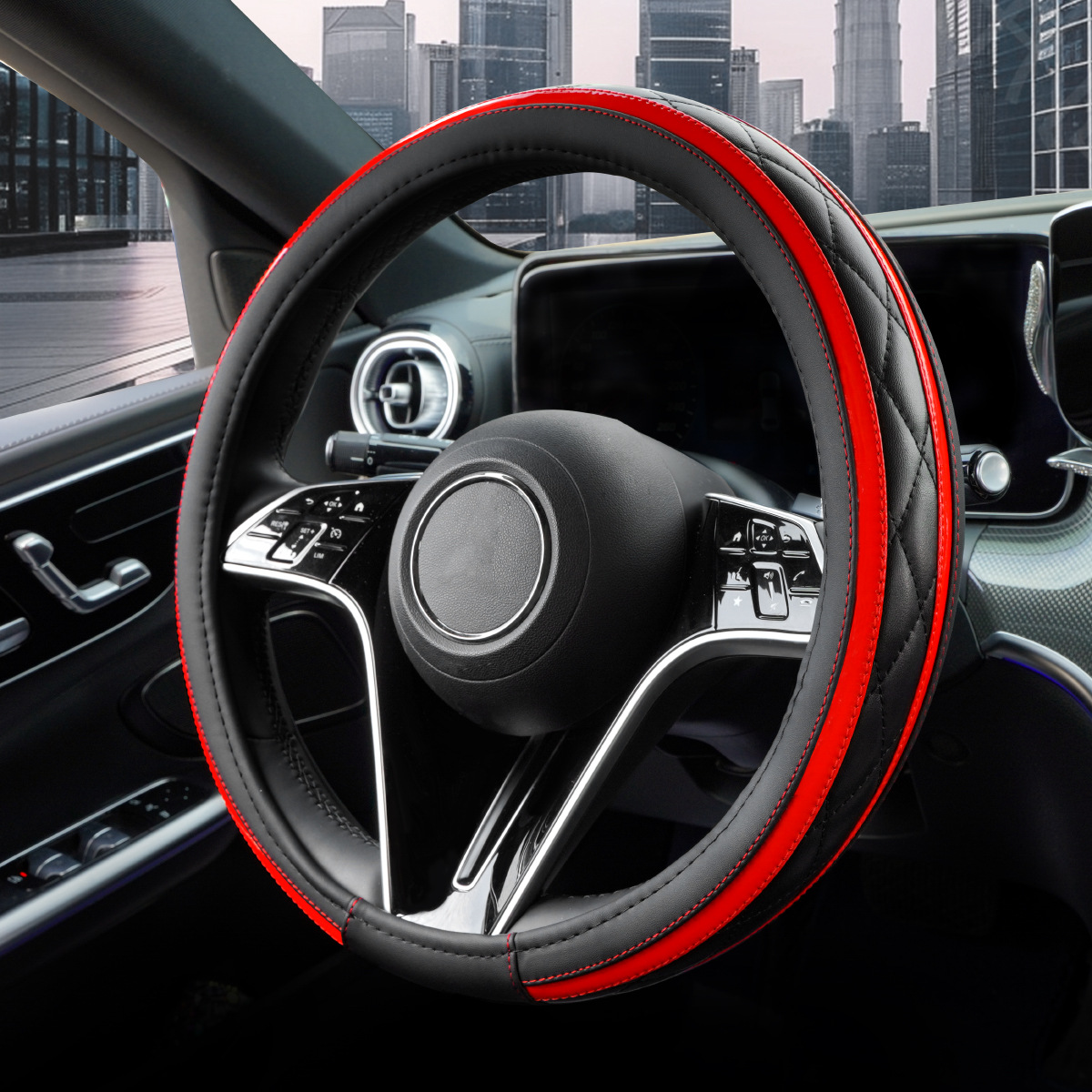 New Car Steering Wheel Cover, Leather Quilted Embroidery Stitching, Universal for All Seasons, Cross-Border Hot-Selling Interior Steering Wheel Protective Cover