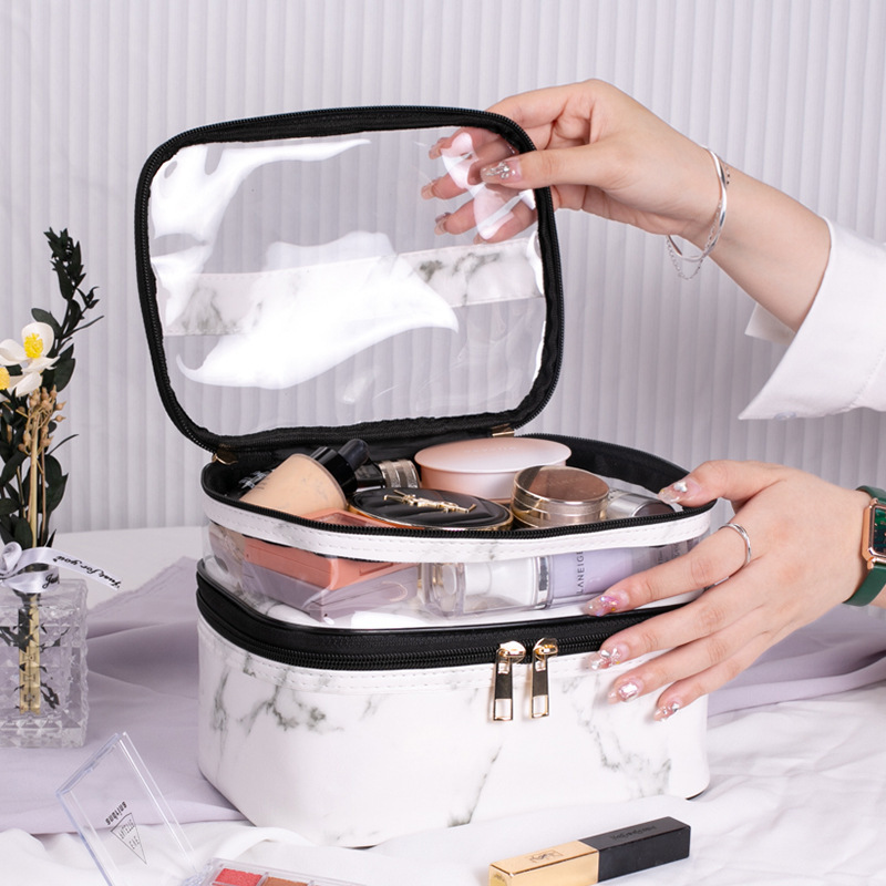 Cross-Border Foreign Trade New Marble Portable Transparent Leopard Print Double-Layer Cosmetic Bag Waterproof Portable Toiletry Bag Storage for Women Cross-Border Foreign Trade New Marble Portable Transparent Leopard Print Double-Layer Cosmetic Bag Waterproof Portable Toiletry Bag Storage for Women