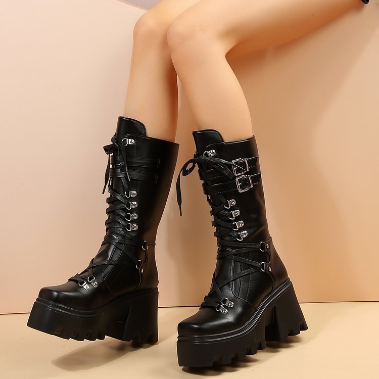 Women's Mid-calf Boots With Rivet Lace Up Design And Thick Heels_voghion.com