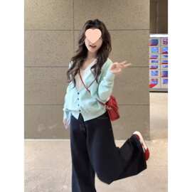 2026春季假两件薄荷绿针织开衫牛仔裤女款韩系v领巨好看两件套装