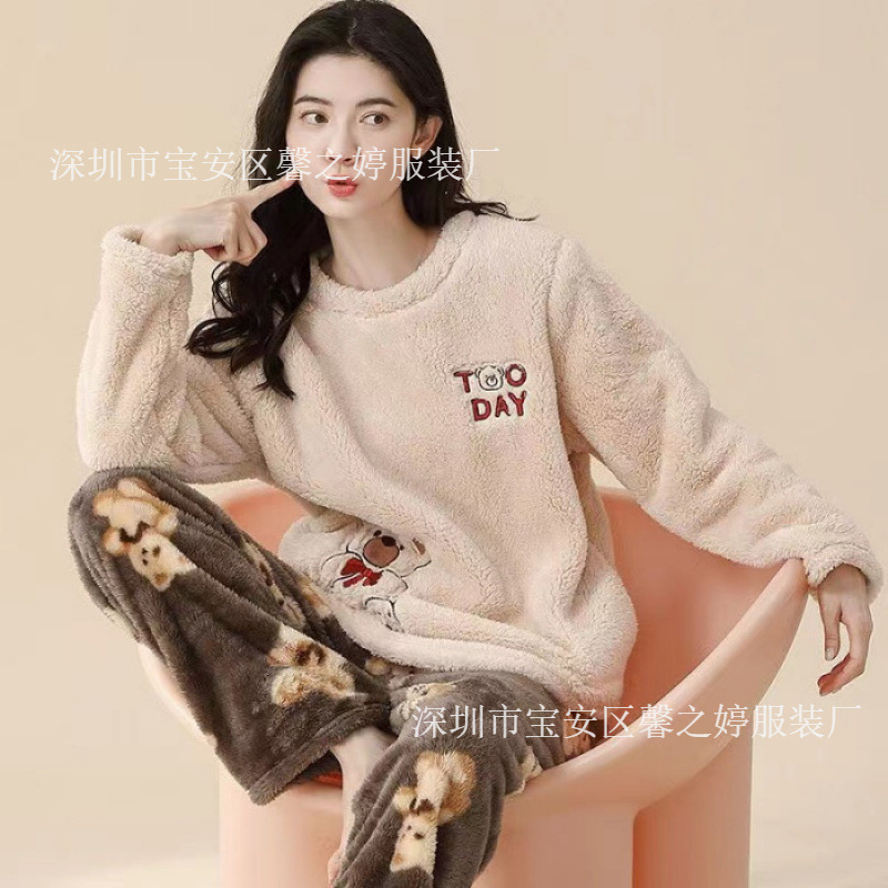 Flannel Pajamas for Women Cartoon Autumn and Winter Cartoon Long-Sleeved Pullover Home Clothes Coral Velvet Suit Foreign Trade Wholesale Variety