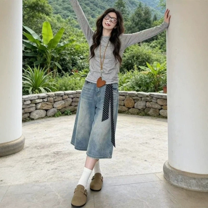 American-style women's cropped jeans, new summer model, plus size, light blue, high-waisted, slimming, loose wide-leg pants for petite individuals American-style women's cropped jeans, new summer model, plus size, light blue, high-waisted, slimming, loose wide-leg pants for petite individuals