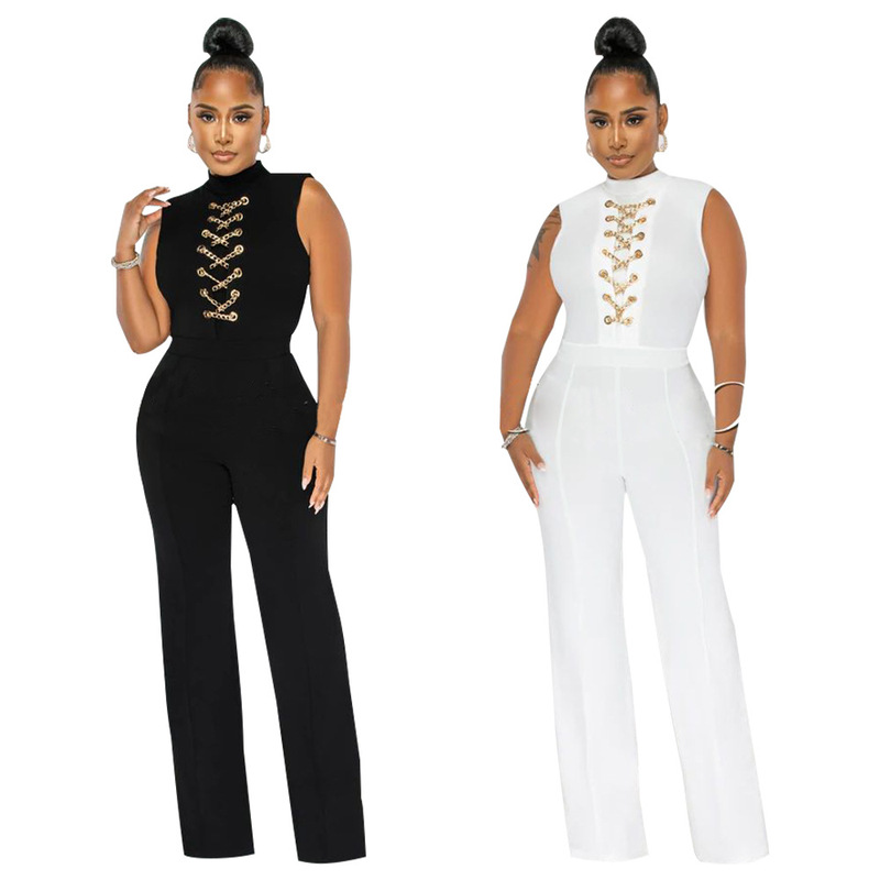 1459 Amazon Independent Station AliExpress European and American Women's Sexy Solid Color Sleeveless Stand Neck Crewneck conjoined Wide Leg Pants