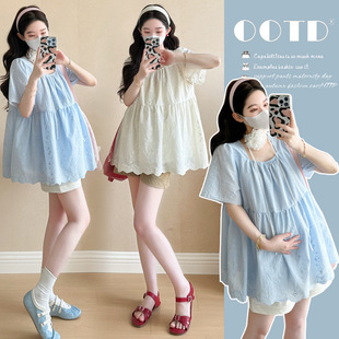 2025 Summer New Pregnant Women Korean Style Lace Embroidered Age-reducing Doll Shirt Top Belly Shorts