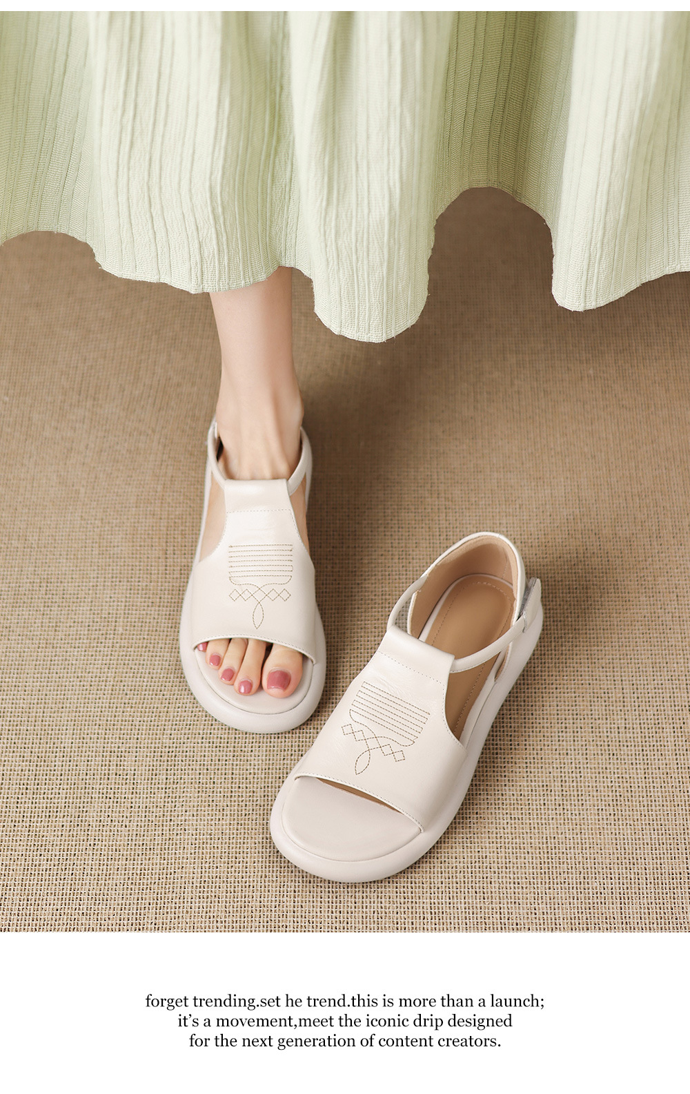 Sandal nữ đế dày hở mũi da bò thêu hoa — màu trắng ngà chi tiết 15