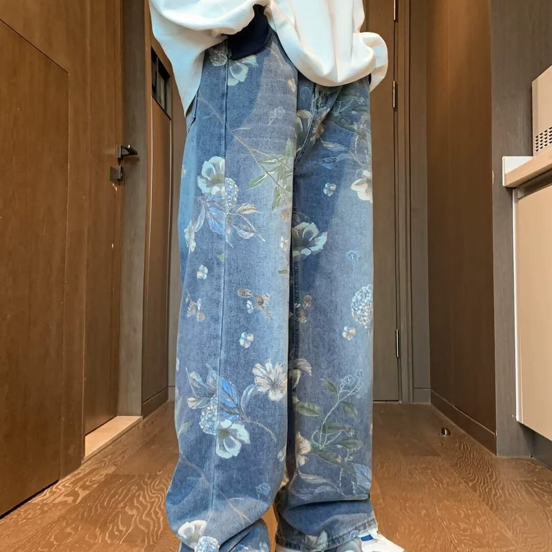 Трансграничные прямые продажи американского бренда цветочные прямые джинсы мужской дизайн-принт дикие повседневные длинные брюки