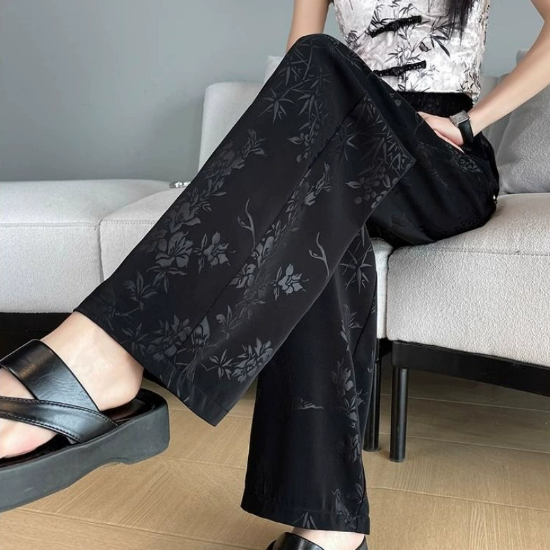 Новые жаккардовые широкие брюки больших размеров в китайском стиле для женщин, летние тонкие свободные драпированные прямые повседневные брюки с высокой талией