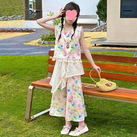 女童夏季裙子套装新款中大童甜美洋气短袖蕾丝半身裙女孩潮两件套