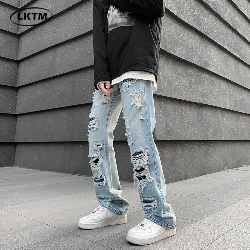 LKTM男装#2024夏季新款潮牌破洞牛仔裤男ins直筒不规则阔腿乞丐裤