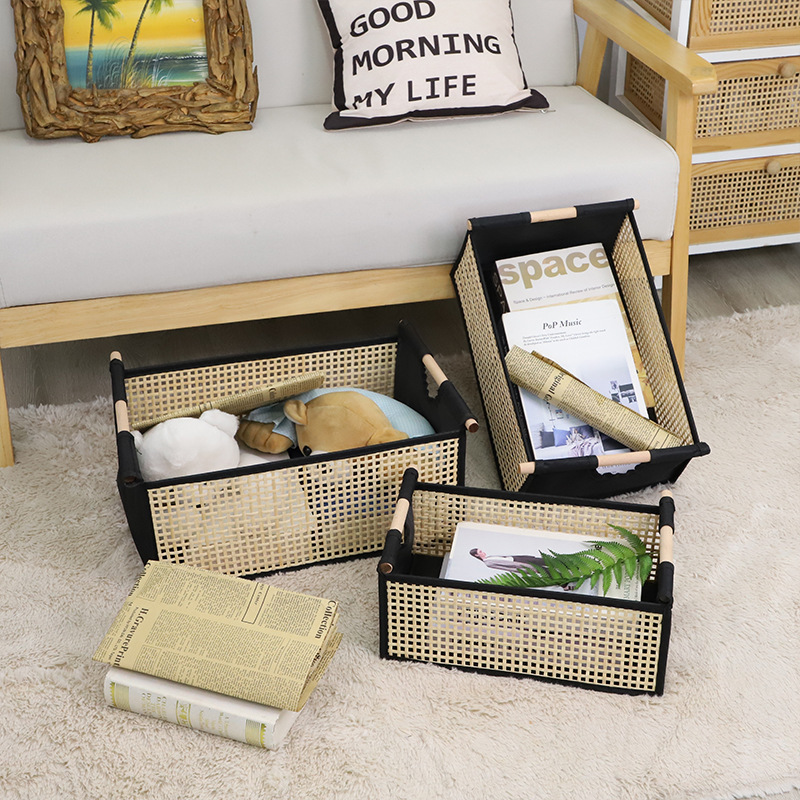 Cross-border fabric and bamboo woven foldable storage box with wooden handle desk storage basket home clothing miscellaneous toys storage basket