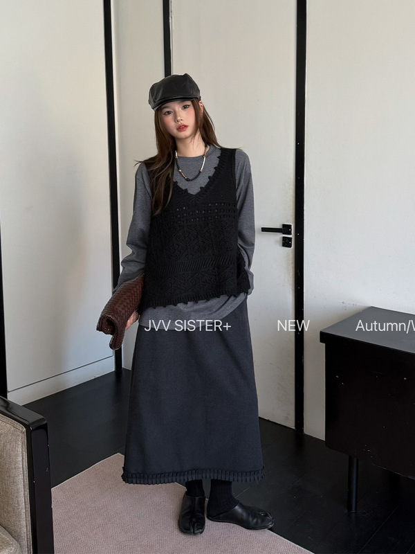 JVV十三行2025秋冬新款高级感重工压褶下摆显瘦直筒半身裙女90637|undefined