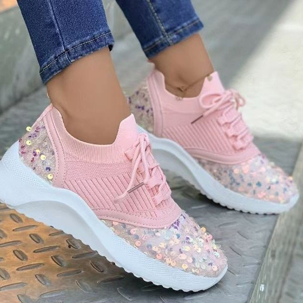 European and American foreign trade sequins fly-woven breathable lace-up shoes women's knitted thick-soled color matching low-top board shoes wish independent station European and American foreign trade sequins fly-woven breathable lace-up shoes women's knitted thick-soled color matching low-top board shoes wish independent station
