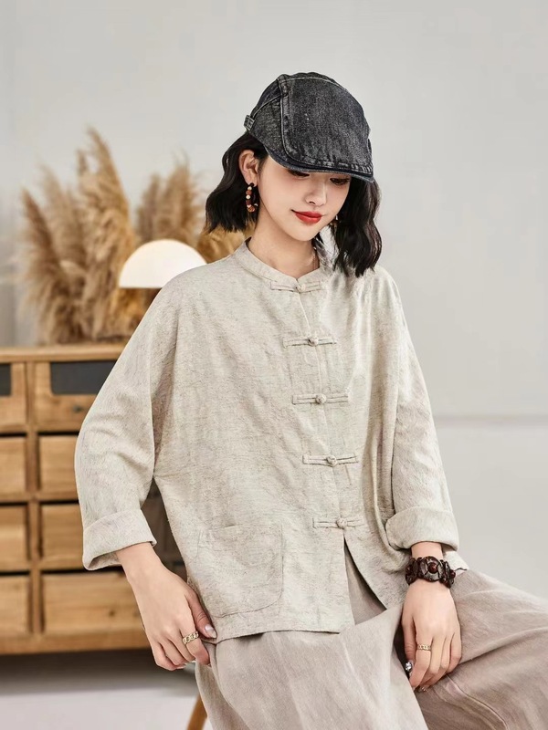 古咖服饰复古亚麻提花中式盘扣外套女式立领长袖宽松外搭开衫上衣|undefined