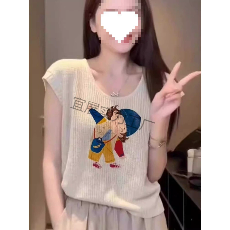 夏季正肩上衣设计感冰丝针织无袖背心女小众印花薄款T恤