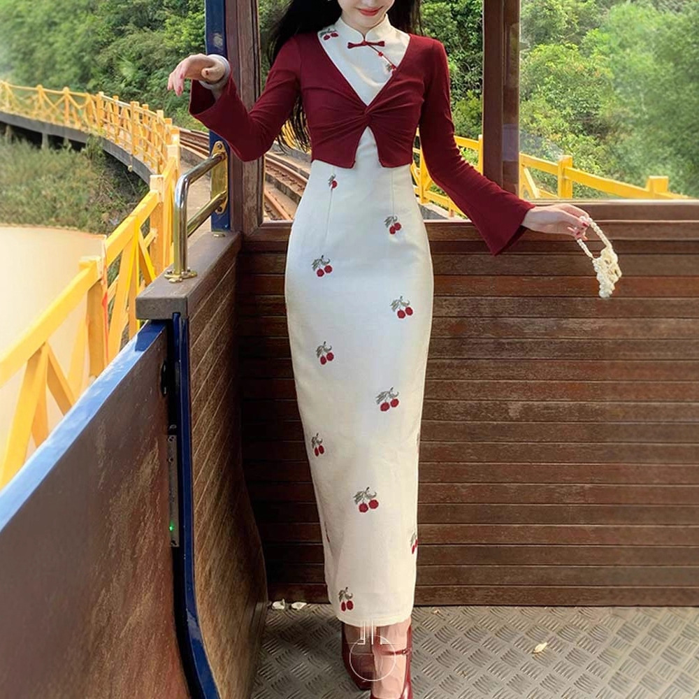 Qin Ying' New Chinese Style Cherry Embroidery Modified Cheongsam For Women, Early Autumn Vintage Stand Collar_ecoleips.com
